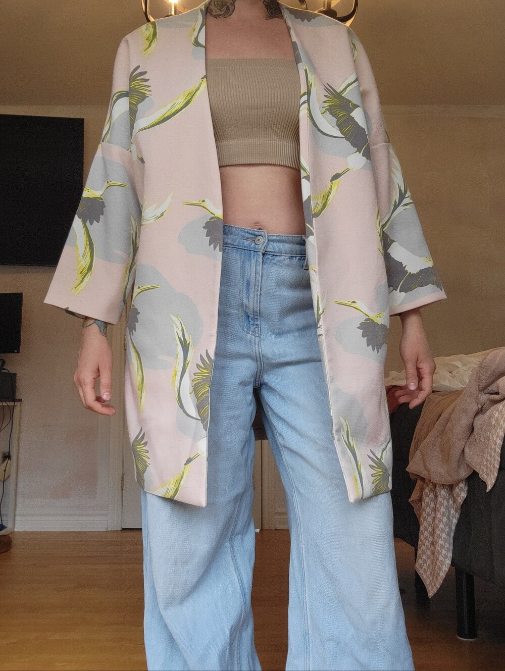 H&M Pink and Gray Kimono with Bird Print